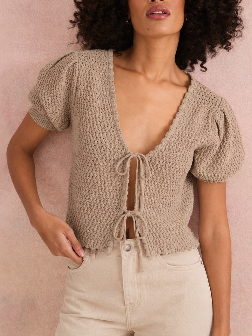 Cable knit double tie front sweater top short puff sleeve Size M L Tan Crochet